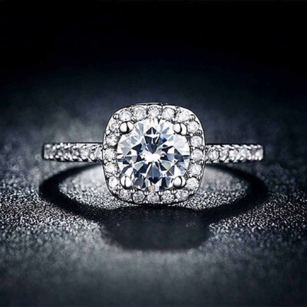 18k White Gold Diamond Cz Cushion Halo Ring - Picture 4 of 8